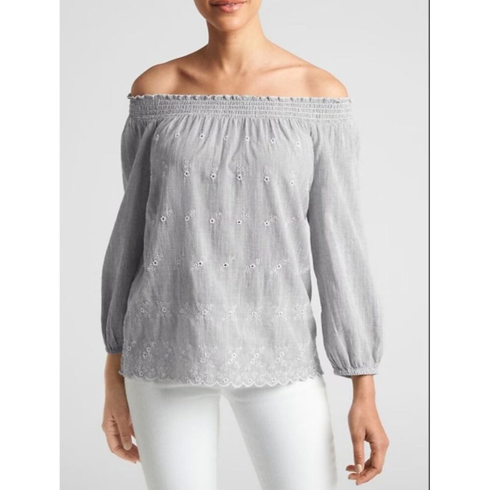 Gap Women Eyelet Off-Shoulder Peasant Blouse Large Gray Embroidered Boho Top Y2K